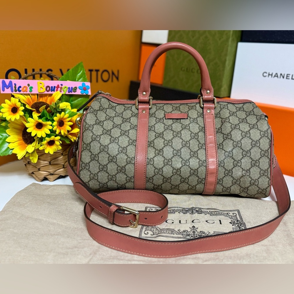 🔥SOLD🔥Auth GUCCI GG Preowned Supreme Gray Pink 203696 2Way Boston Bag